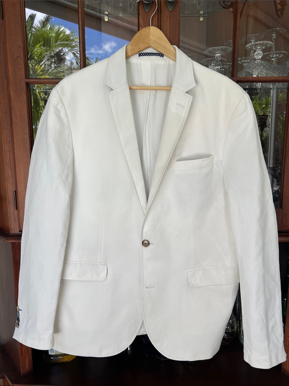 SAND, White Cotton & Linen Blazer with Navy Polka Dot Trim - Picture 4 of 14